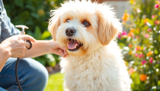 A smiling dog being groomed outdoors, showcasing the eco-friendly pet grooming benefits