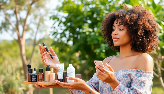 Woman exploring eco-friendly skincare tips while holding beauty products outdoors