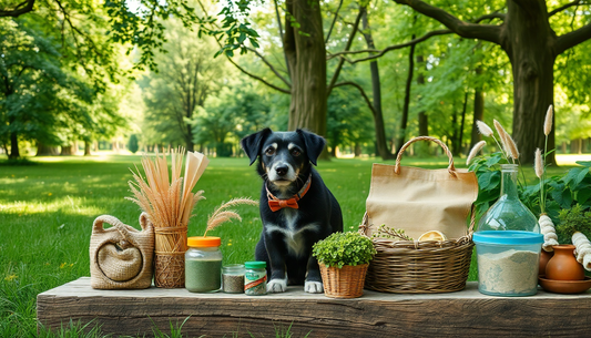 Zero waste pet supplies benefits displayed with eco-friendly products and a happy dog outdoors