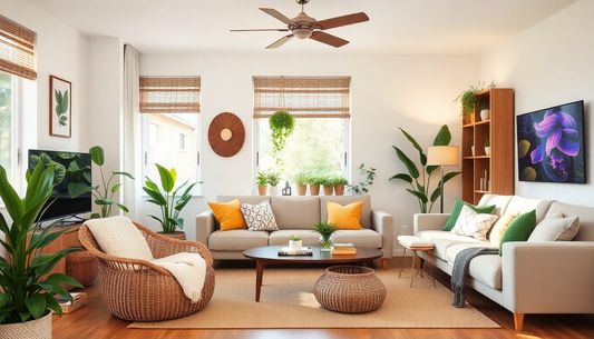 A cozy living room with green plants and eco-friendly decor