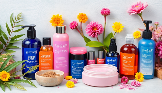 Eco-friendly skincare comparison showcasing a range of products with vibrant flowers in the background